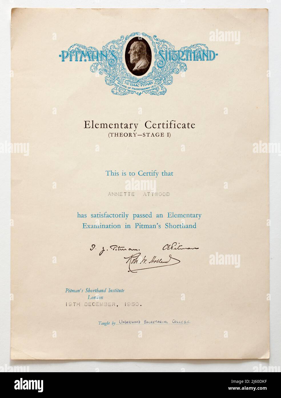 1950s certificato di velocità Pitmans Shorthand Foto Stock