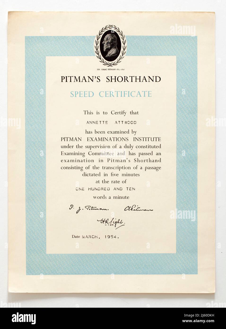 1950s certificato di velocità Pitmans Shorthand Foto Stock
