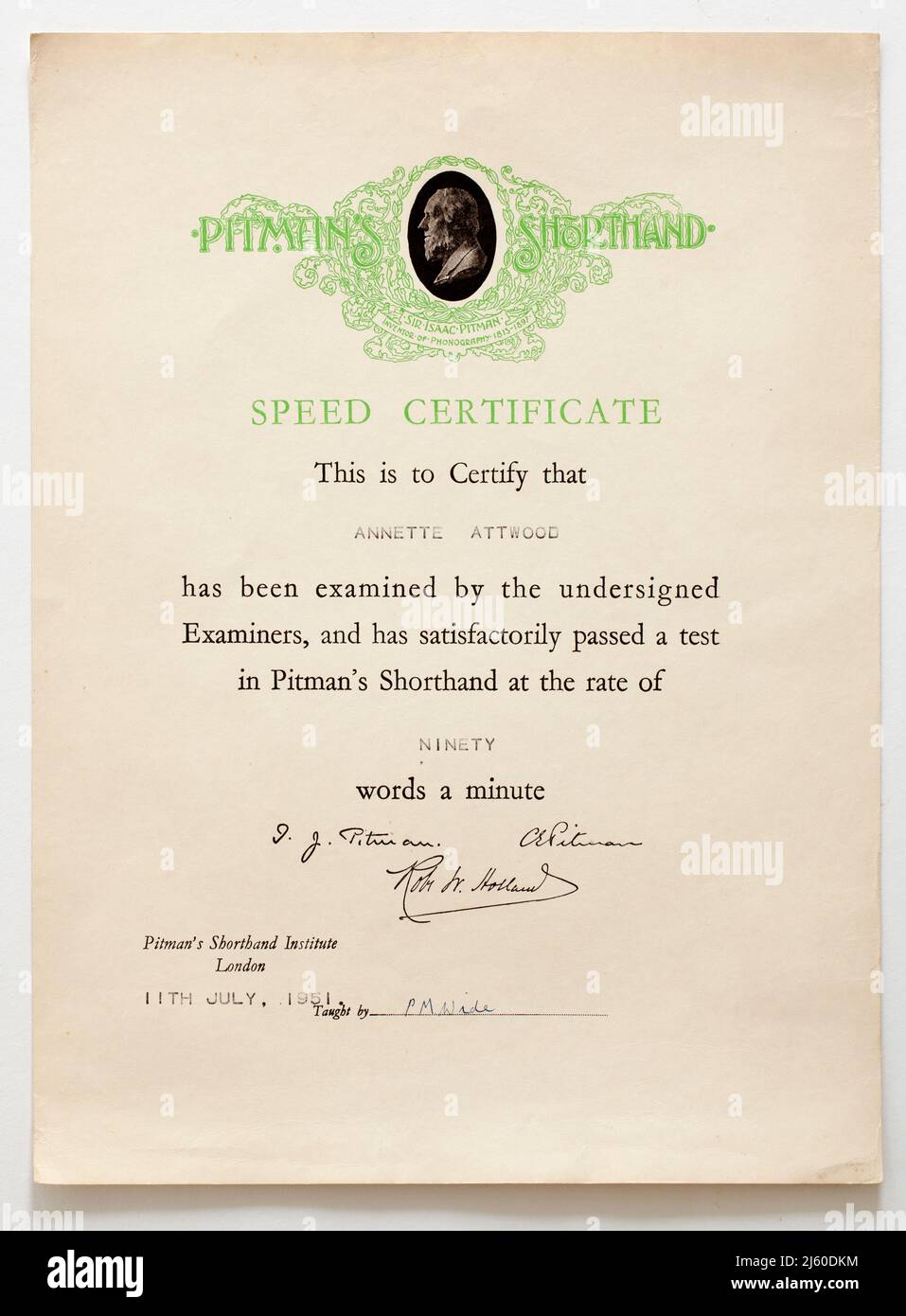 1950s certificato di velocità Pitmans Shorthand Foto Stock
