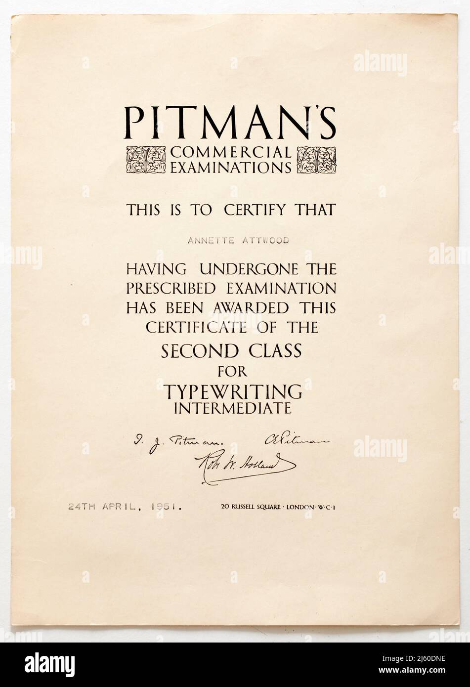 1950s certificato di tiposcrittura Pitmans Foto Stock