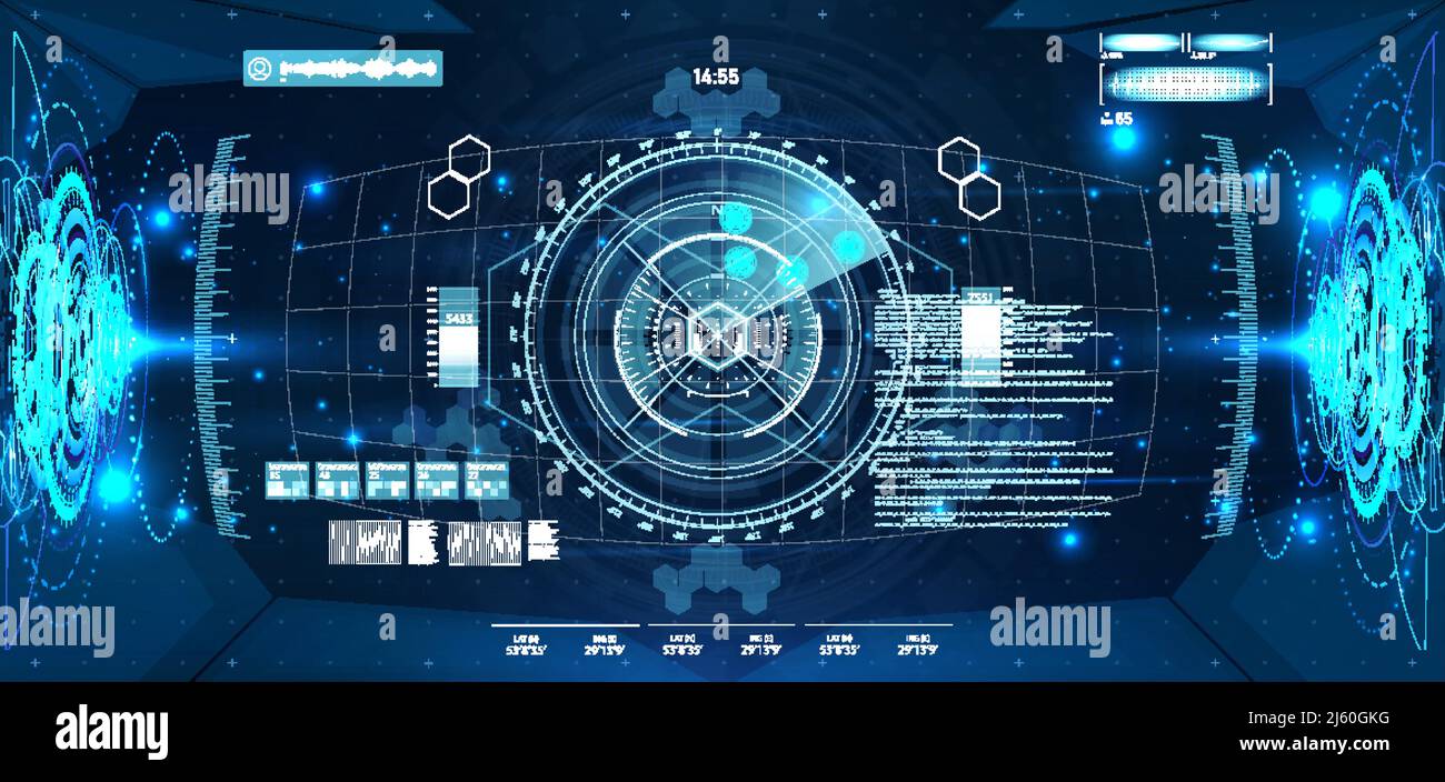 Vista del casco VR con interfaccia HUD e cyberspazio. Design del display head-up Illustrazione Vettoriale