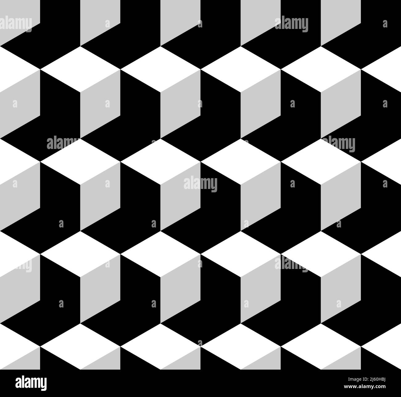 Forma cubica in bianco e nero motivo vettoriale senza giunture. Sfondo geometrico astratto con blocchi isometrici. Illustrazione Vettoriale