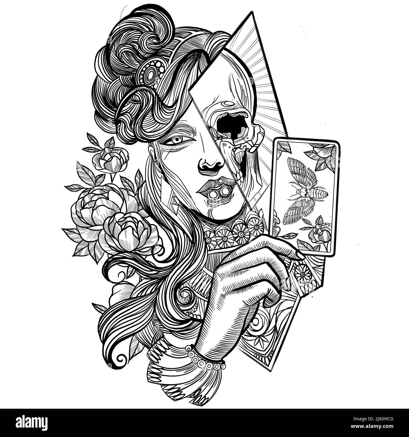 Tattoo Design La Carta dei Tarocchi della Luna Femminile, Fineline Nero /  Grigio Download istantaneo e stampabile Illustrazione con stencil -   Italia