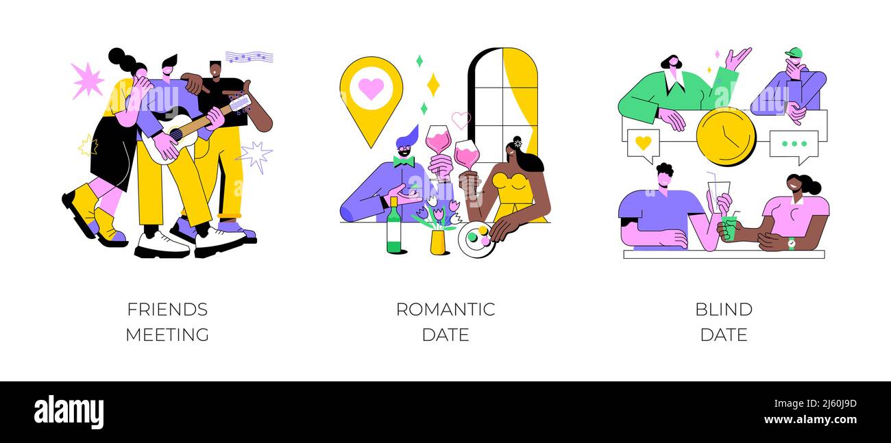 Hangouts concetto astratto vettore illustrazione set. Incontro con gli amici, appuntamento romantico cieco, tempo libero, compagno di anima, relazione romantica, Storia d'amore, San Valentino, ristorante astratto metafora. Illustrazione Vettoriale