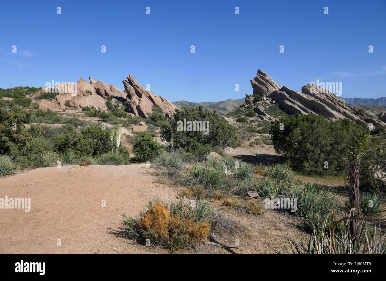 Agua Dulce, California, USA 17th Aprile 2022 una visione generale dell'atmosfera del Parco Naturale di Vasquez Rocks il 17 Aprile 2022 ad Agua Dulce, California, USA. Questa posizione è dove Dracula con Bela Lugosi, il film Flintstones, le selle Blazing Mel Brooks, Bill and Ted's Excellent Adventure with Keanu Reeves, Planet of the Apes, Star Trek, Austin Powers Man of Mystery con Mike Myers, Army of Darkness, Werewolf of London, Michael Jackson Black and White Video, Bette Midler per i ragazzi, Rihanna e Justin Timberlake Rehab Video, rubare la mia ragazza con una direzione, Airwolf, Una squadra, la donna bionica, Foto Stock