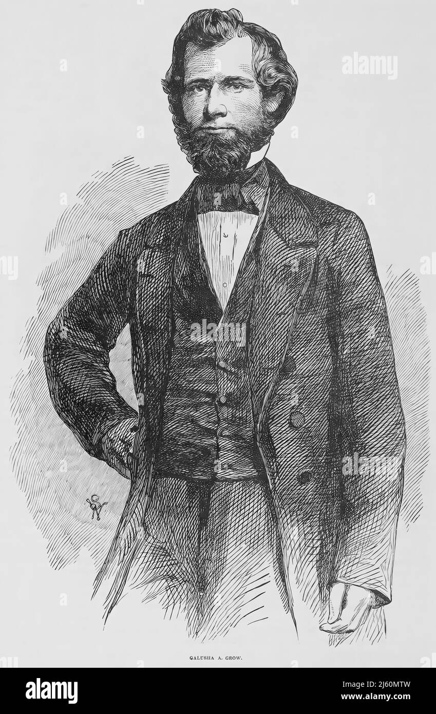 Ritratto di Galusha Aaron Grow, Presidente della Camera dei rappresentanti degli Stati Uniti durante la guerra civile americana. illustrazione del 19th secolo Foto Stock