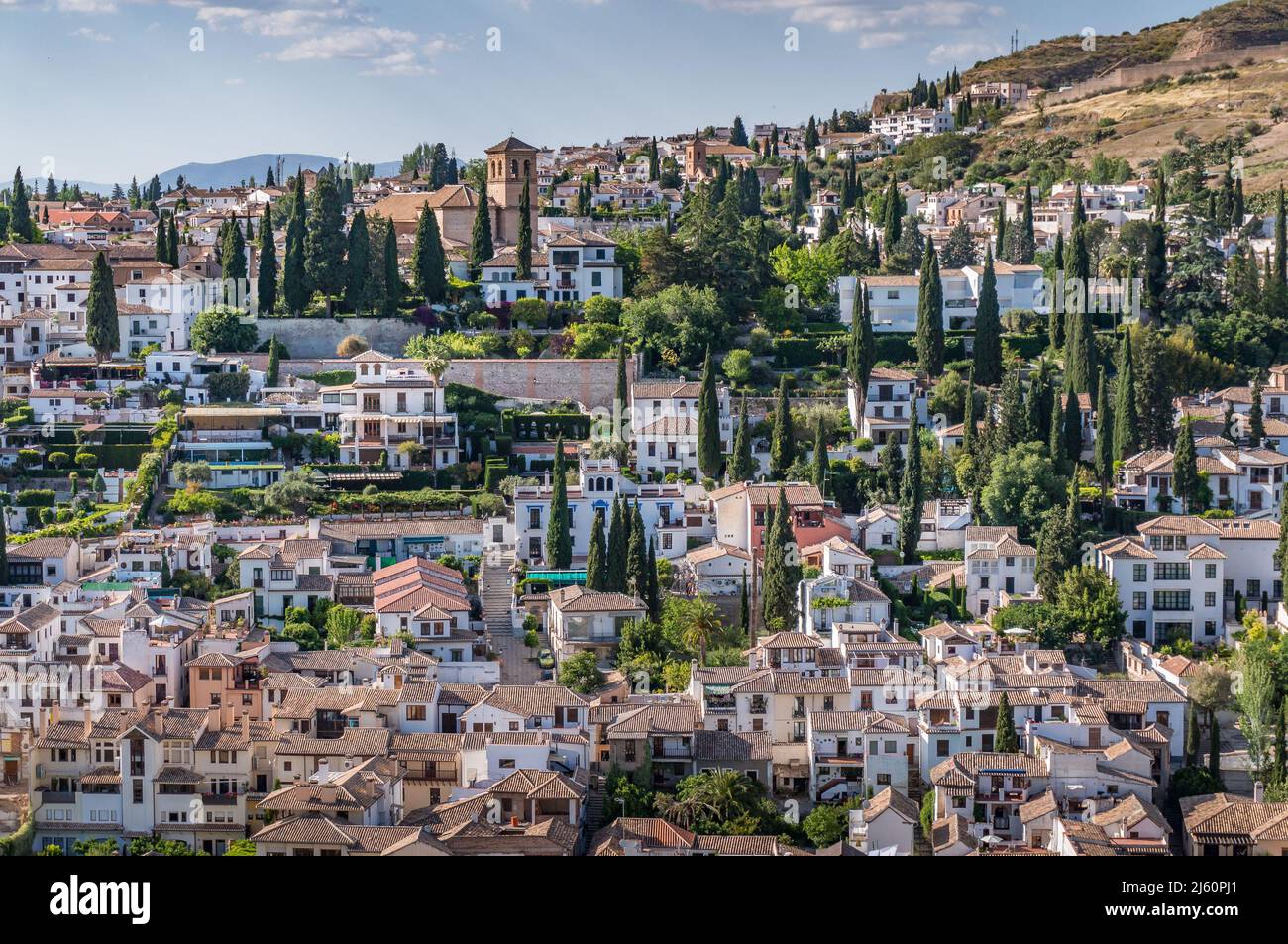 Una magnifica vista panoramica dall'Alhambra a Granada, Spagna Foto Stock