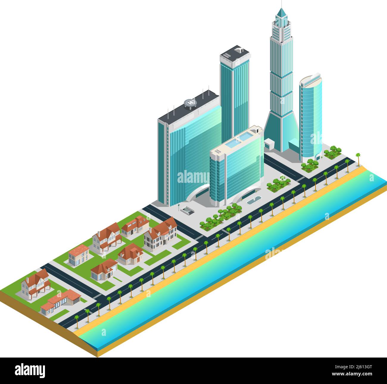 Composizione isometrica con grattacieli moderni, case a più piani e suburbane illustrazione vettoriale della costa del mare Illustrazione Vettoriale