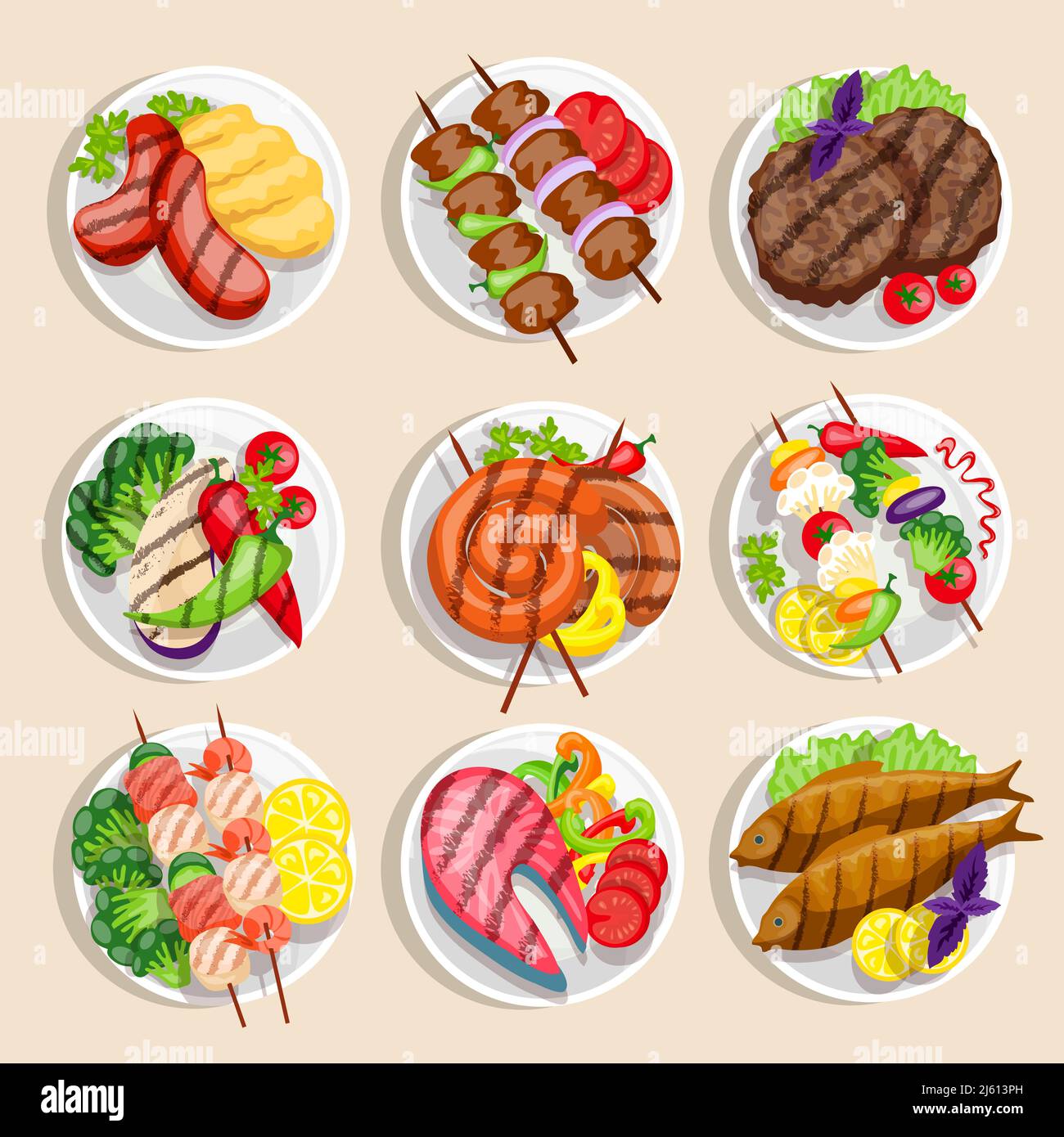 Cibo alla griglia Set di pesce e piatti di carne con verdure su l'illustrazione del vettore della piastra Illustrazione Vettoriale