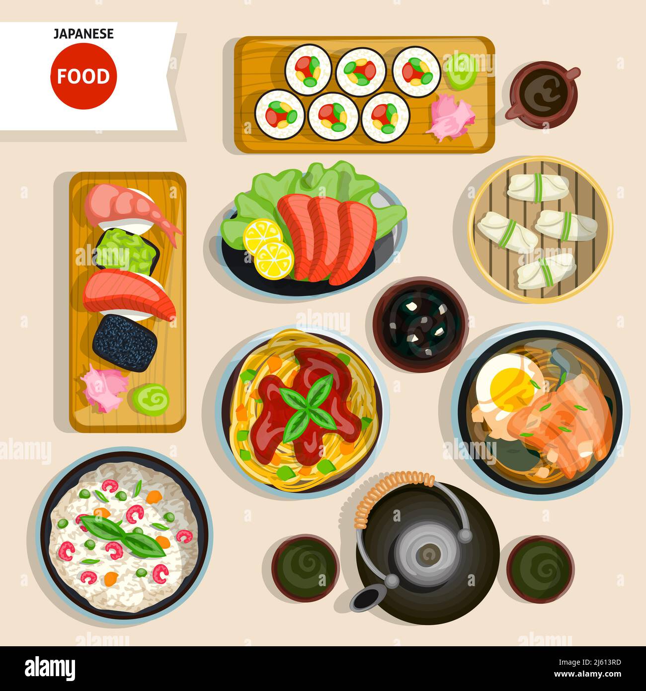 Set cucina giapponese con vista dall'alto. Illustrazione di un vettore di cibo giapponese. Simboli del cartone giapponese. Set di design per il cibo giapponese. Set isolato per alimenti giapponesi. Illustrazione Vettoriale