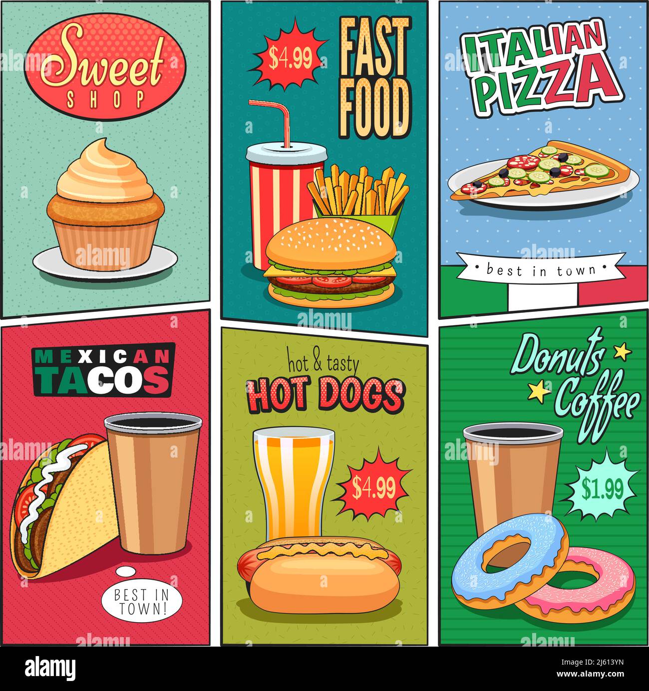 Composizione di mini poster fast food in stile retrò pannelli a fumetti con sfondi colorati pubblicità immagine vettoriale astratta Illustrazione Vettoriale