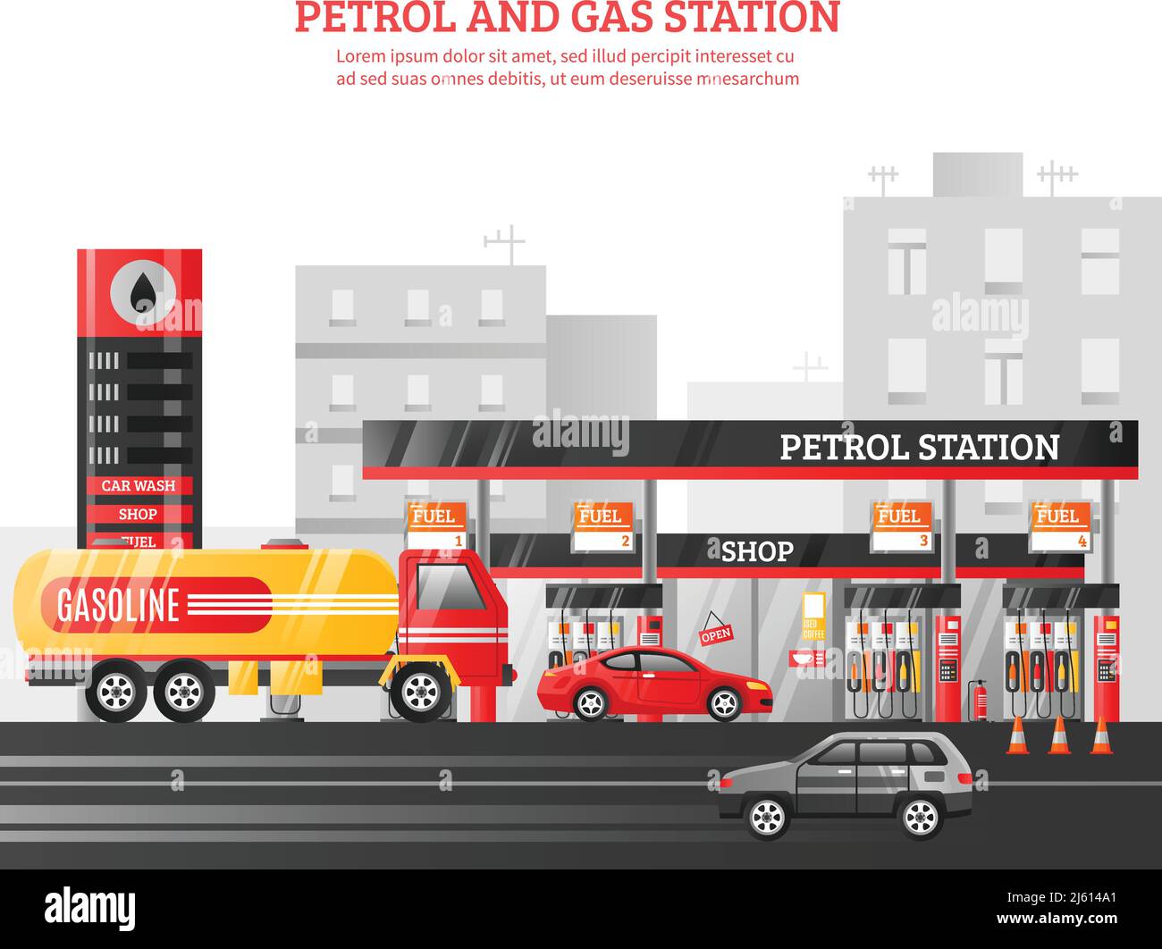 Stazione gas e benzina flat Vector Illustrazione con autolavaggio scopri gli elementi pubblicitari che alimentano gli edifici urbani Illustrazione Vettoriale