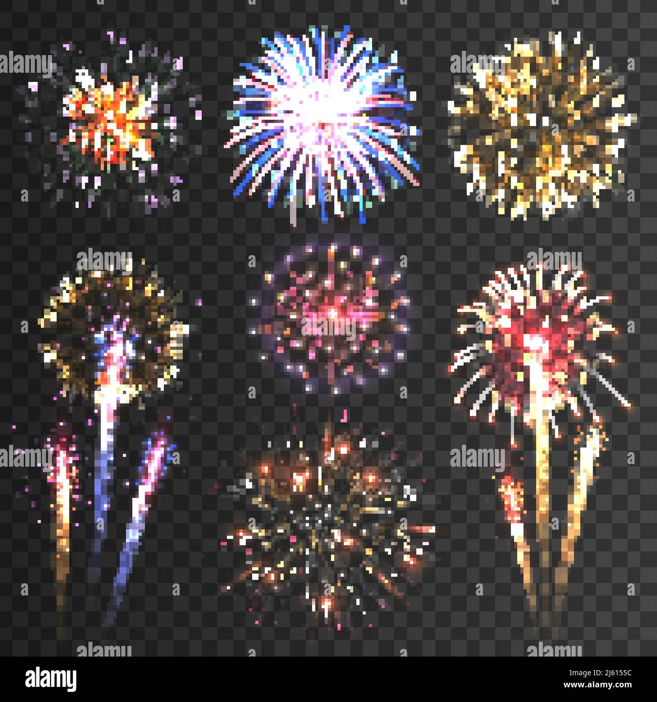 Festoso fuochi d'artificio scoppiato in varie forme scintillanti set di pittogrammi su sfondo nero immagine vettoriale astratta isolata Illustrazione Vettoriale