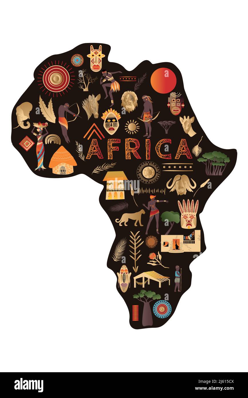 Continente Africa con modelli , illustrazione vettoriale. Elementi per design, illustrazione vettoriale, concetto di cultura africana, logo Illustrazione Vettoriale