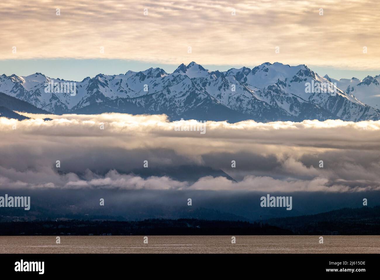 Vista delle Olympic Mountains nello stato di Washington dal Saxe Point Park a Esquimalt - Victoria, Vancouver Island, British Columbia, Canada Foto Stock