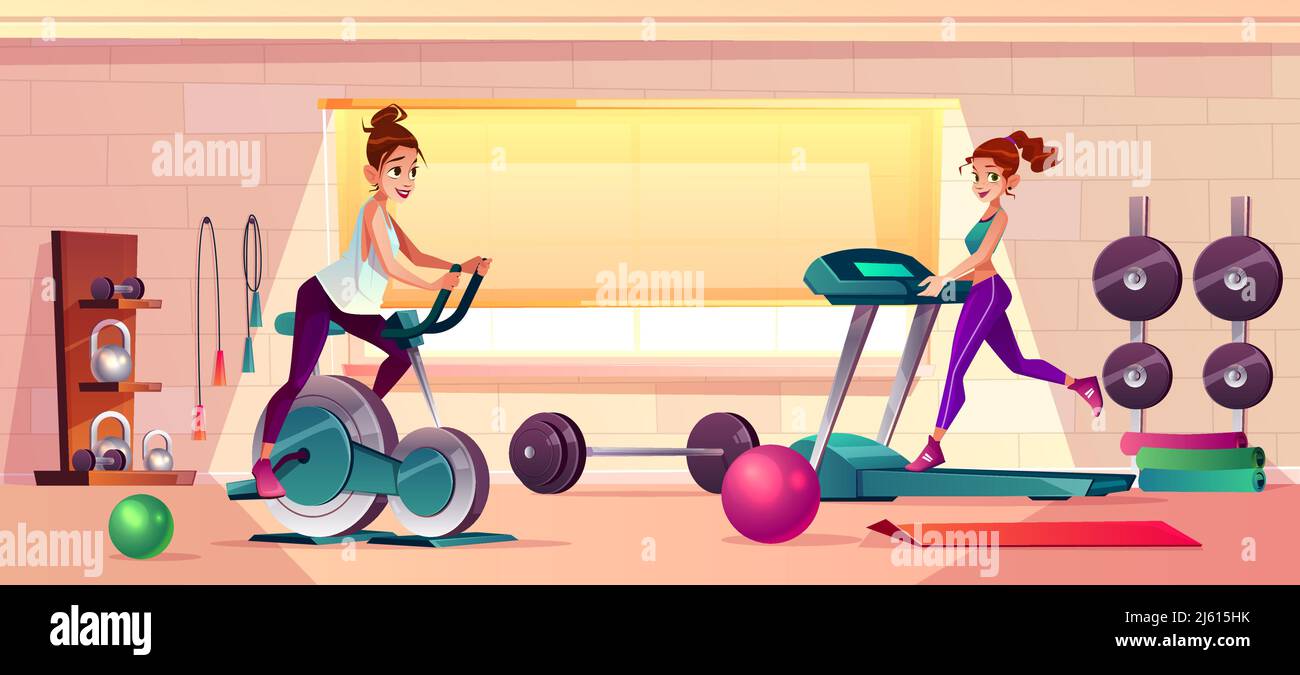 Vettore cartoon sfondo di palestra con le ragazze che fanno fitness. Donne su tapis roulant e cyclette. Interni sportivi con manubri e palle di gomma. Athle Illustrazione Vettoriale