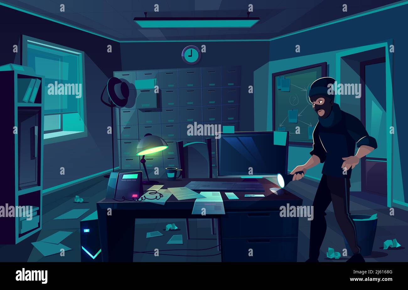 Vettore cartoon sfondo di rapina in dipartimento di polizia o gabinetto di detective privato. Uomo criminale, ladro con torcia in camera oscura. Bandito a. Illustrazione Vettoriale
