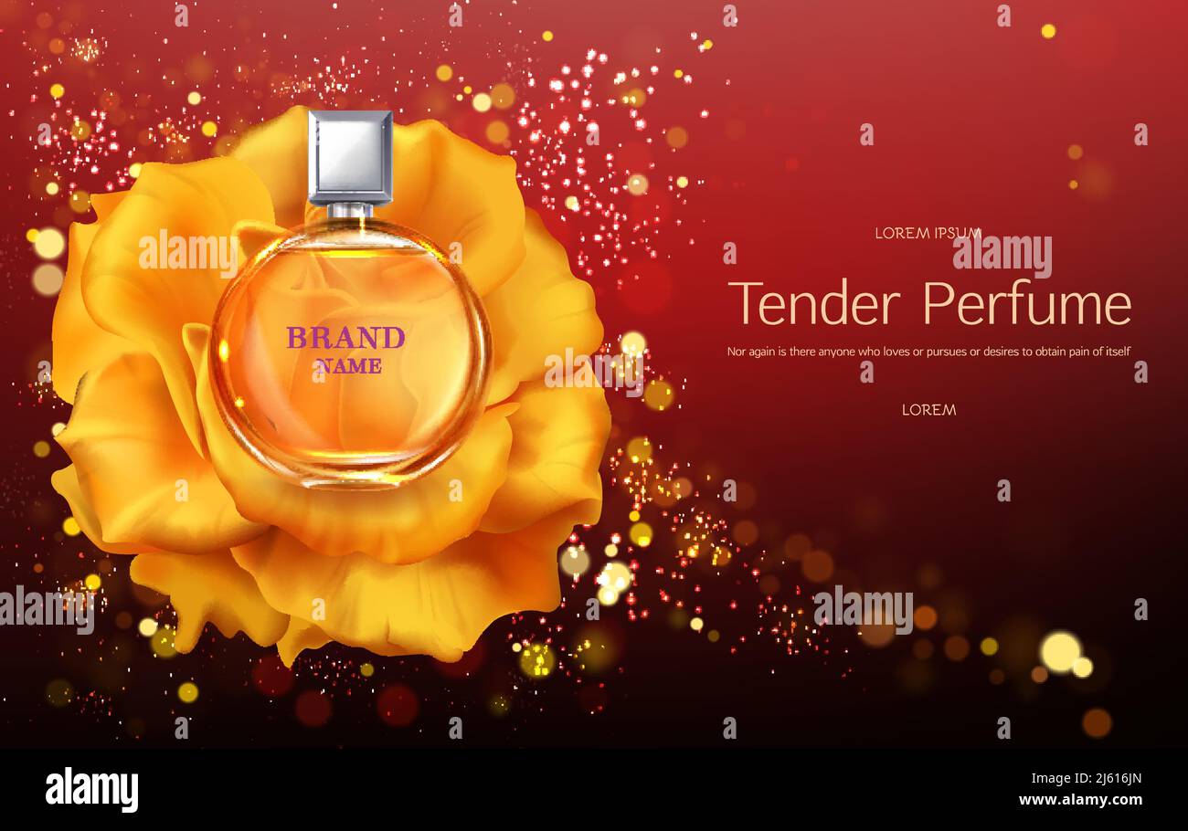 Tender donna profumo 3d realistico vettore pubblicità banner o poster modello. Elegante bottiglia di profumo in vetro con coperchio spruzzatore in argento giallastro Illustrazione Vettoriale