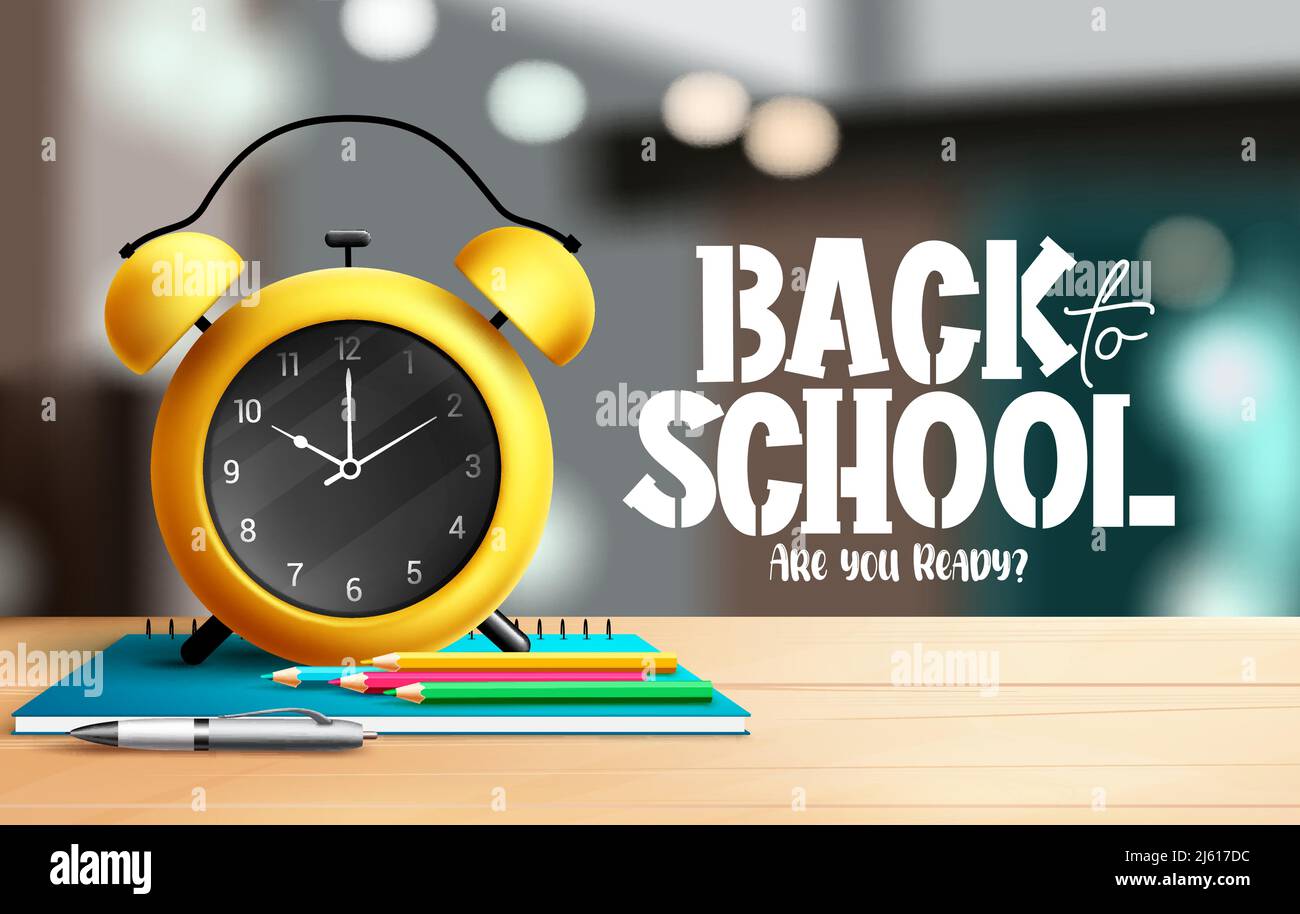 Torna alla scuola disegno vettoriale. Testo di ritorno a scuola con sveglia ed elementi di notebook in legno scrivania per l'apprendimento dello studio didattico. Illustrazione Vettoriale