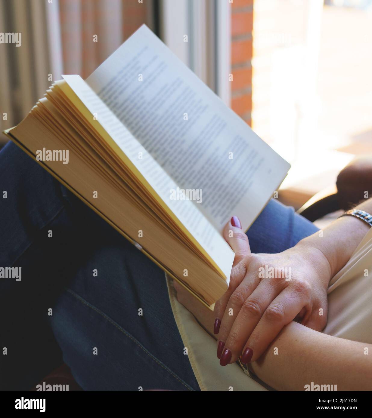 Donna bianca che legge un libro in una poltrona rilassandosi in bella luce esterna. Spazio di copia. Lettura, concetto di insegnamento. Sfondo. Foto Stock