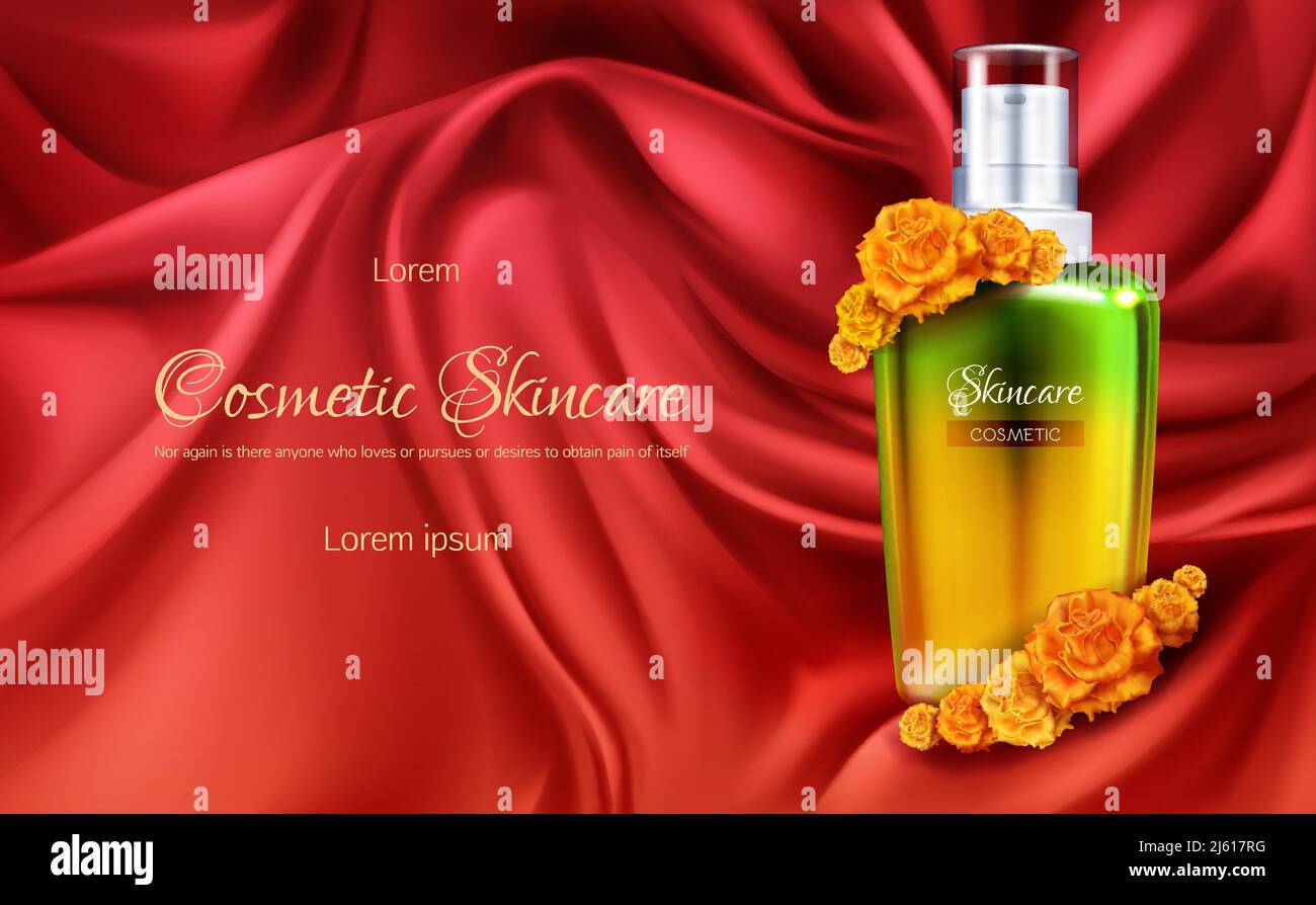 Cosmetici per donne banner pubblicitari vettoriali 3D realistici o poster promozionale cosmetico. Elegante bottiglia dorata con dispenser su raso rosso ondulato, morbida fa di seta Illustrazione Vettoriale