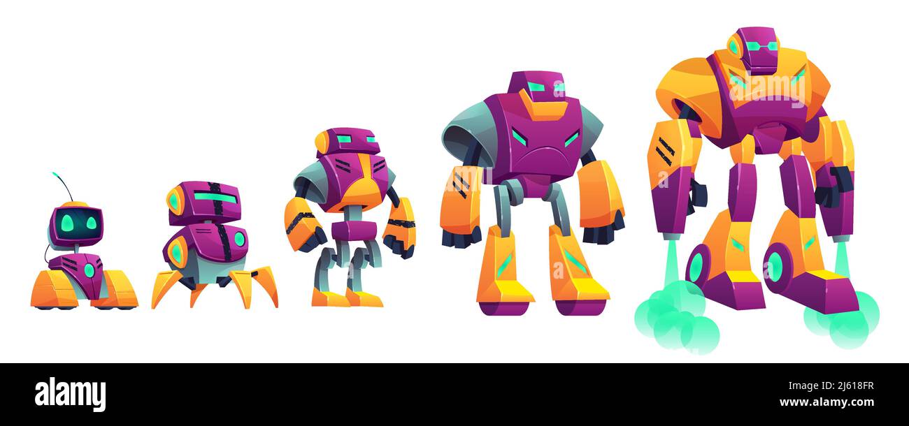 Robot evoluzione cartoon vettore isolato illustrazione su sfondo bianco. Le tecnologie di robotica avanzano da piccole droidi a cyborg volanti. GA Illustrazione Vettoriale