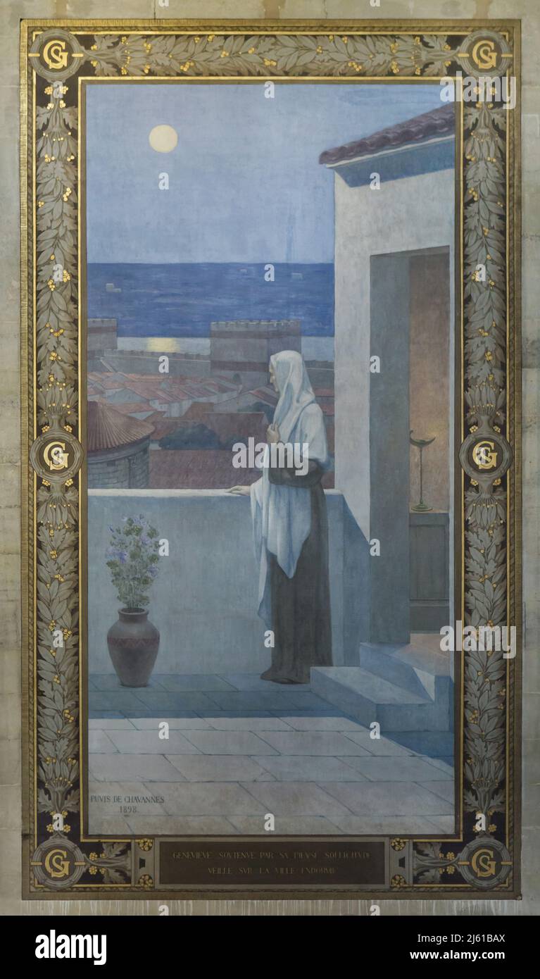 Saint Genevieve che guarda Parigi raffigurata nel dipinto murale del pittore simbolista francese Pierre Puvis de Chavannes (1898) nel Panthéon di Parigi, Francia. Foto Stock
