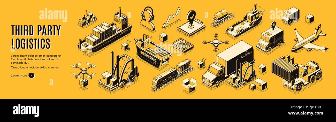 Logistica di terzi, 3pl, trasporto, esportazione di carichi, importazione. Servizio integrato di stoccaggio e trasporto. Trasporto aereo, stradale, marittimo Illustrazione Vettoriale