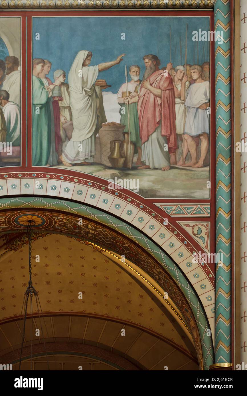 Melchizedek benedice Abramo e offre pane e vino. Pittura murale del pittore francese Jean-Hippolyte Flandrin (1856-1863) nella Chiesa di Saint-Germain-des-Prés a Parigi, Francia. Foto Stock