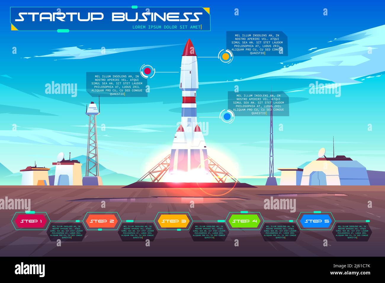 Lancio business Startup cartoon vettore banner, poster. Starship, decollo del razzo dalla rampa di lancio, illustrazione. Pianificazione di progetti aziendali, sviluppo Illustrazione Vettoriale
