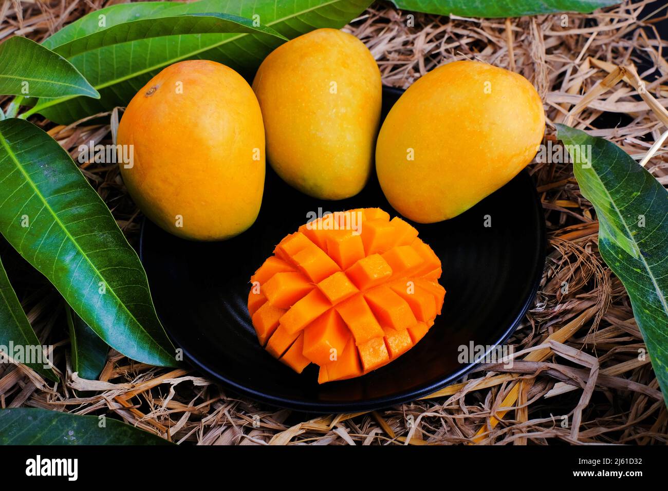 Frutta tropicale mango con foglia verde, mango maturo in erba closeup Foto Stock