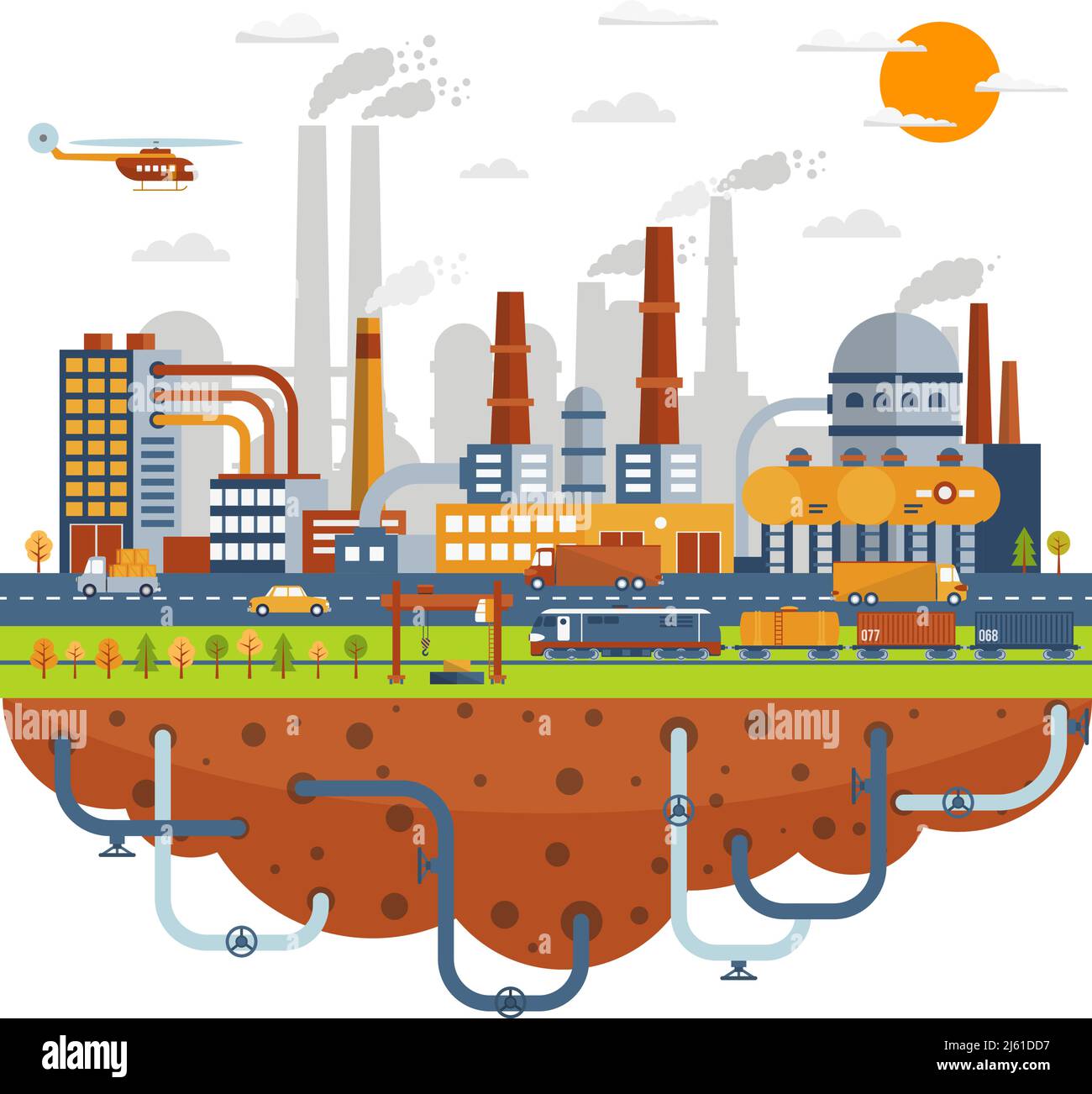 Concetto di città industriale con impianti chimici edifici con tubi illustrazione vettoriale. Illustrazione Vettoriale