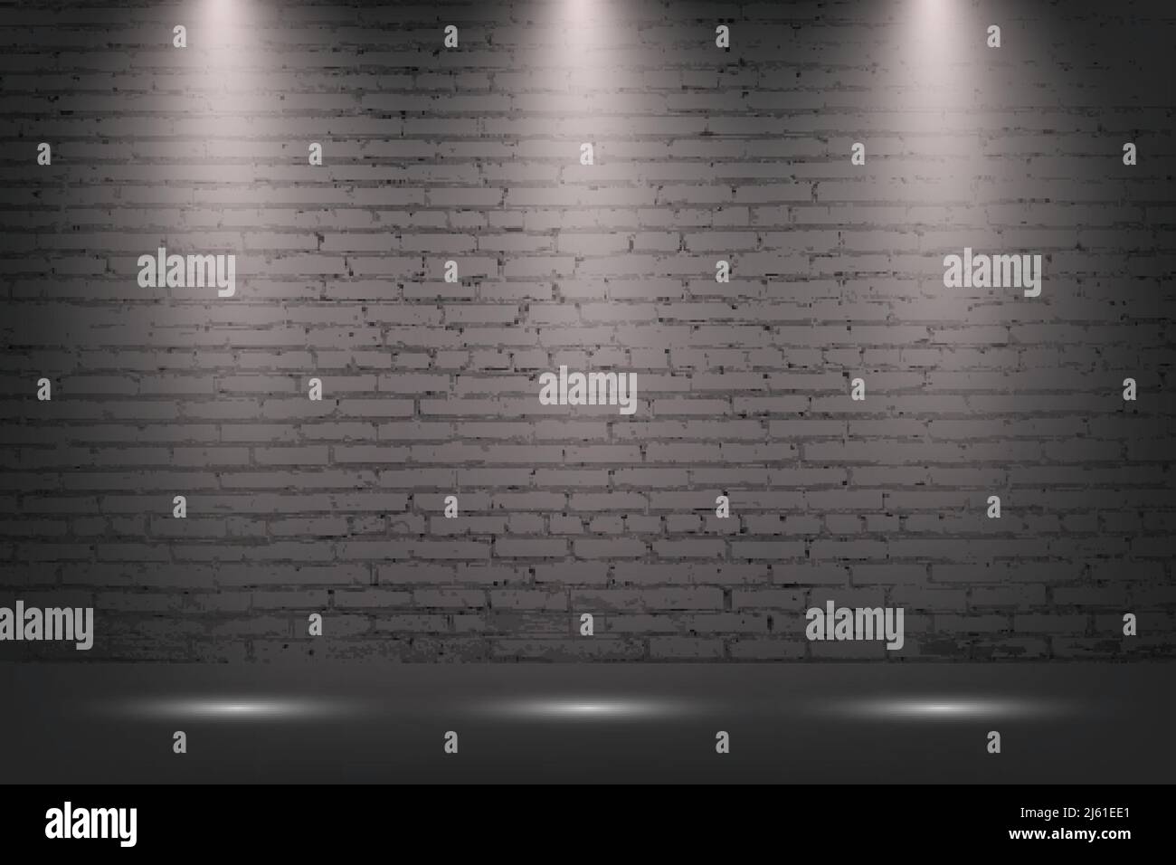 Parete in mattoni grigi con faretto, sfondo in pietra. Luce da tre lampade su disegno vettoriale di struttura di calcestruzzo. Illuminazione stradale o palcoscenico per spettacolo in exh Illustrazione Vettoriale