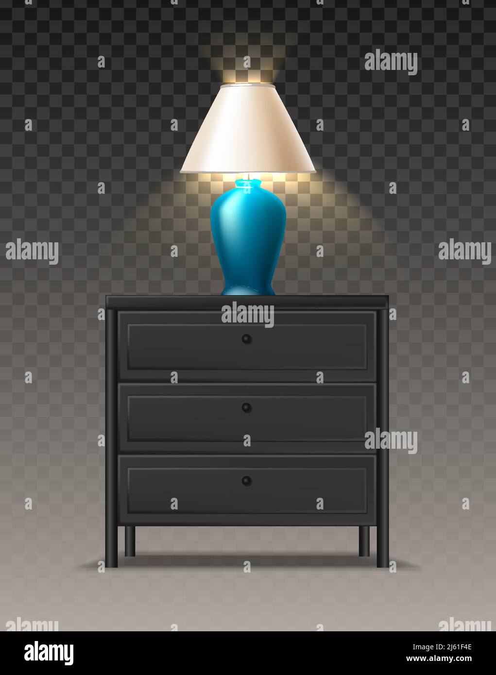 3d icona del vettore realistico. Comodino grigio con lapm moderno blu sulla parte superiore con luce. Isolato su sfondo trasparente. Illustrazione Vettoriale