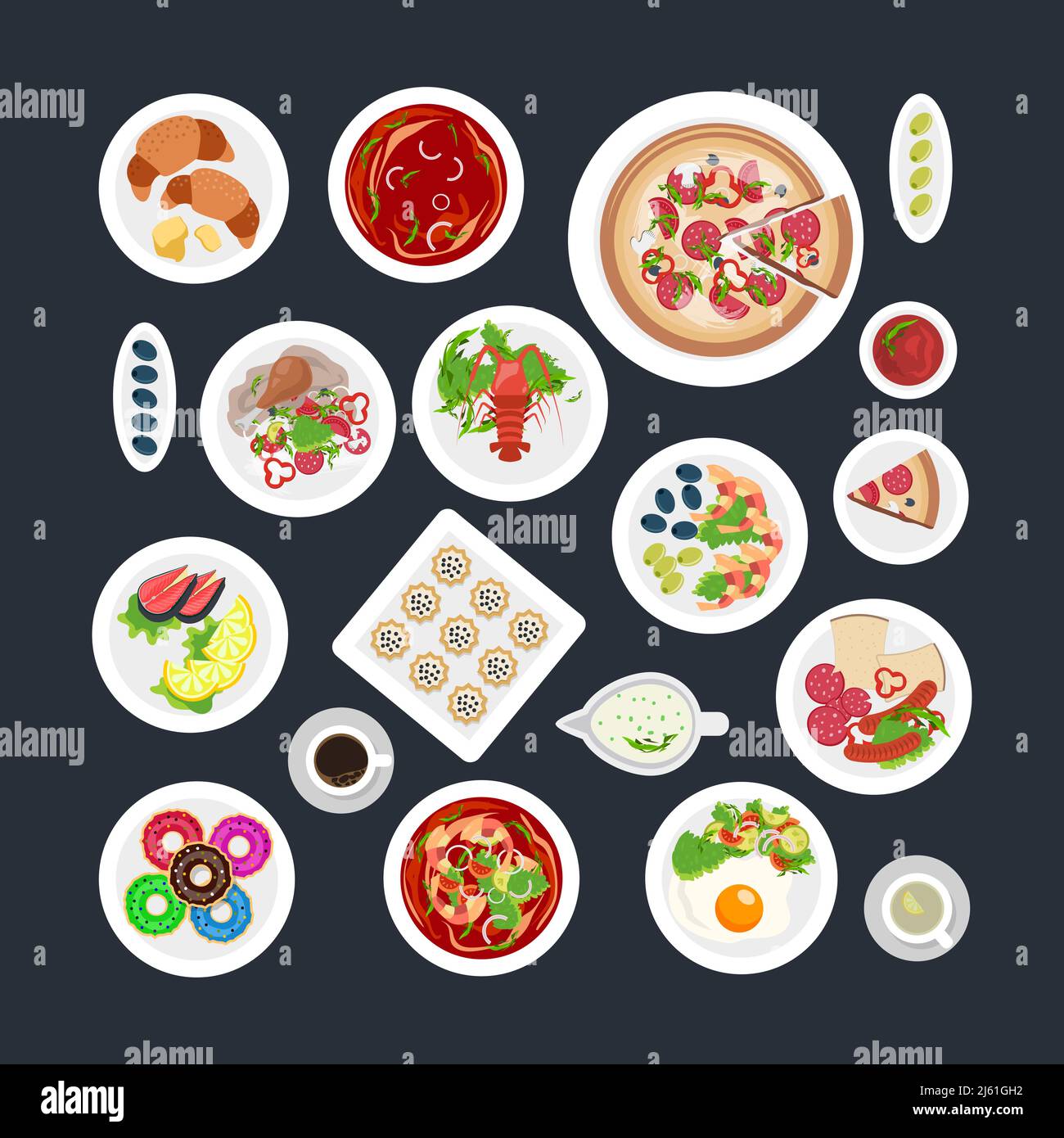 Un set di piastre con vista dall'alto in diverse misure con illustrazione di vari vettori alimentari Illustrazione Vettoriale