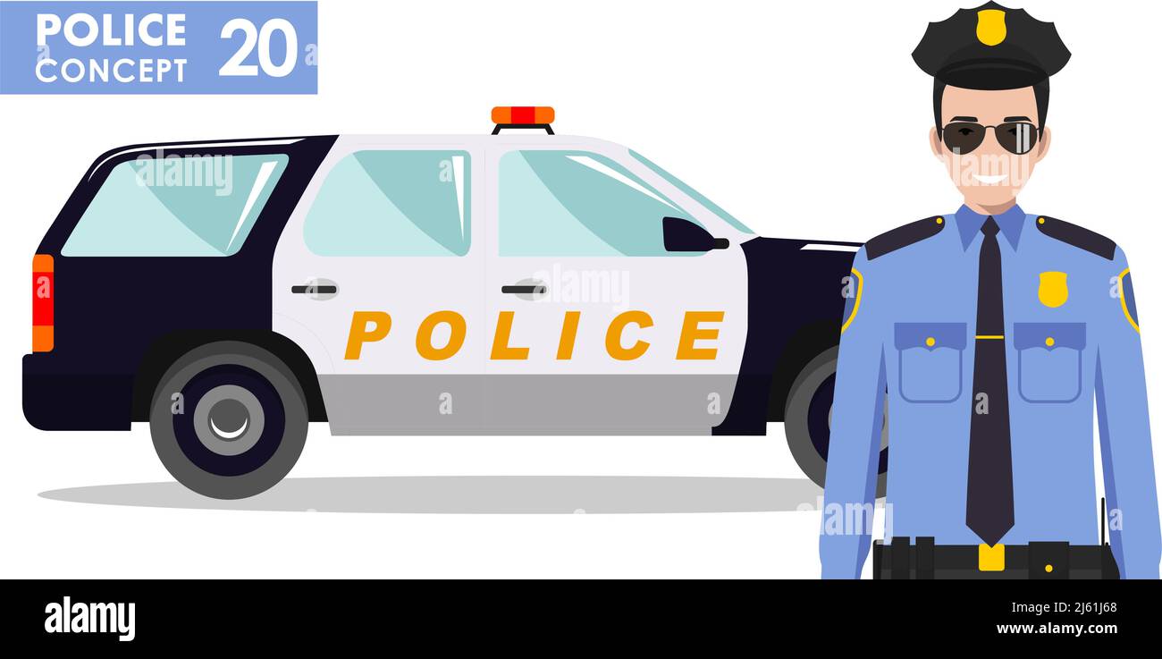 Illustrazione dettagliata di auto di polizia e poliziotto in stile piatto su sfondo bianco. Illustrazione Vettoriale