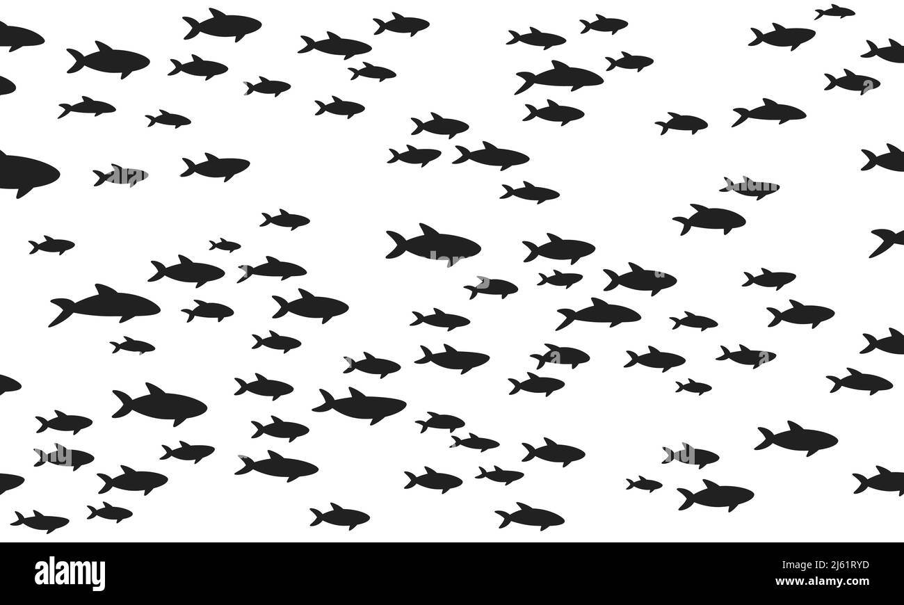 Sagome scuola di pesce con vita marina di varie dimensioni pesci nuoto piatto stile disegno vettoriale illustrazione. Colonia di grandi e piccoli animali marini. Illustrazione Vettoriale