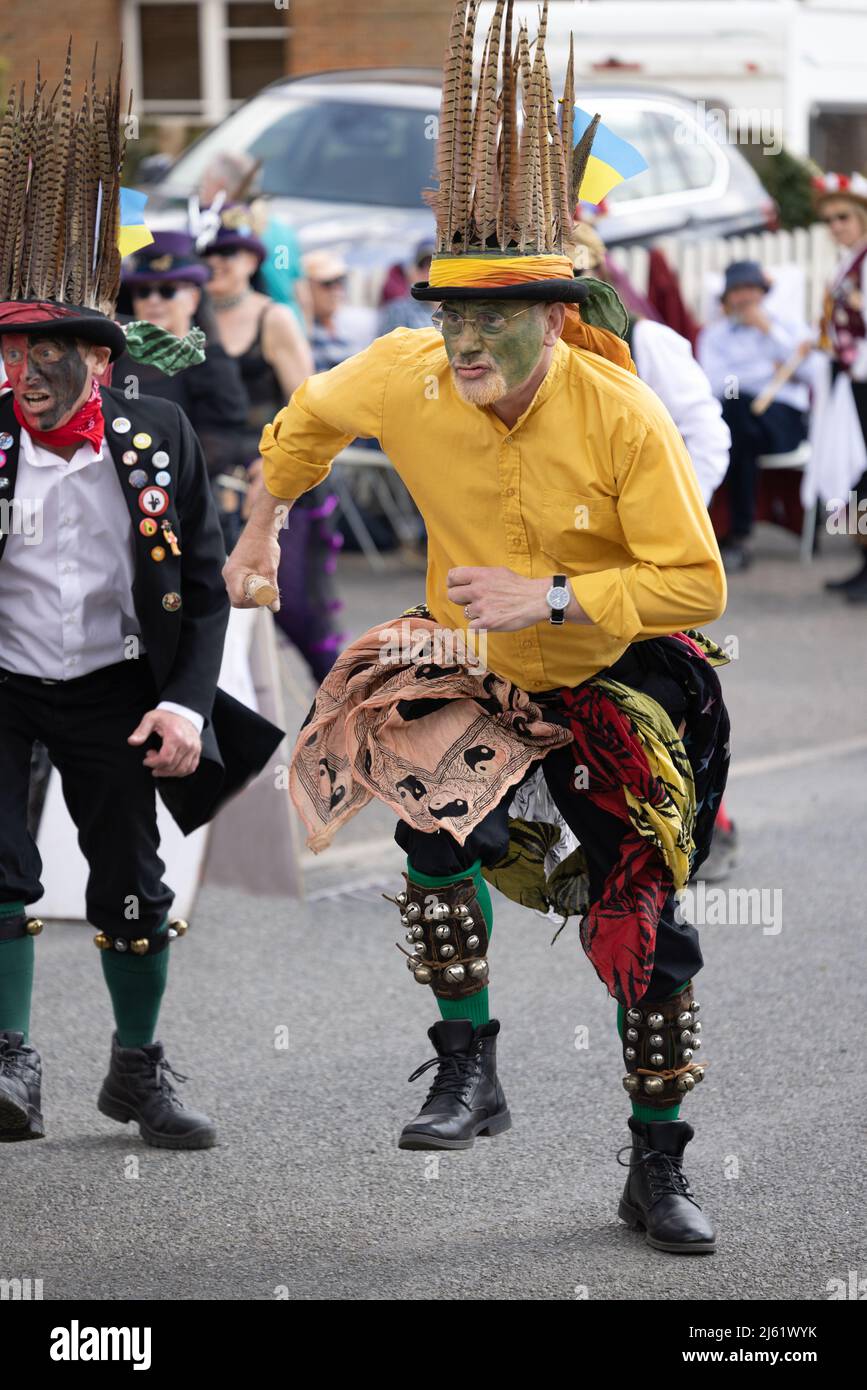 Maschio Morris dancer UK; un uomo Morris dancing, danza di strada tradizionale in una giornata di sole in primavera, villaggio di Hundon, Suffolk UK Foto Stock