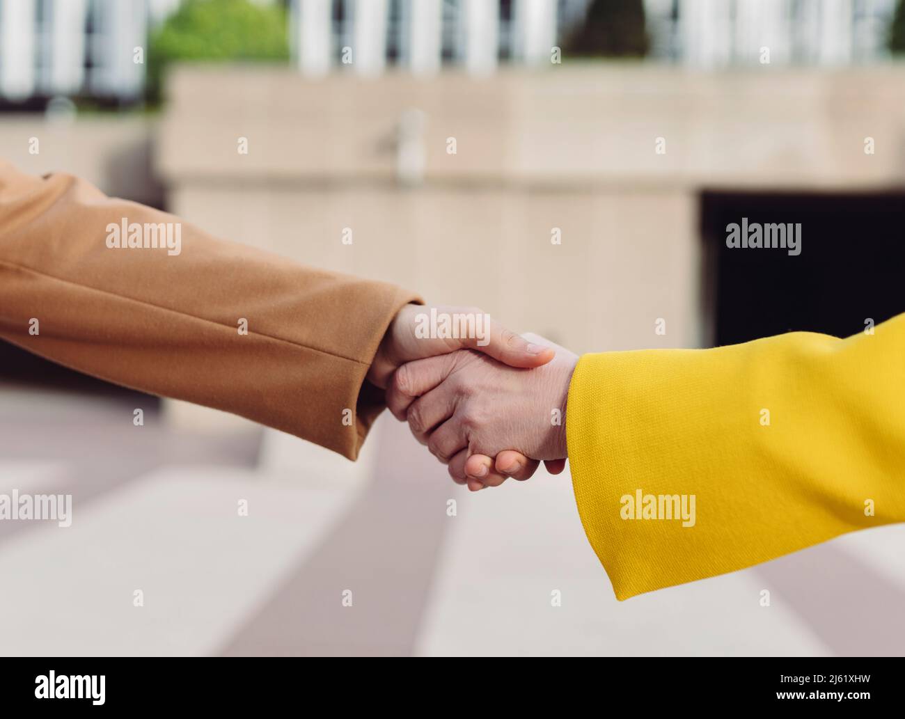 Donne d'affari che fanno la stretta di mano al parco degli uffici Foto Stock