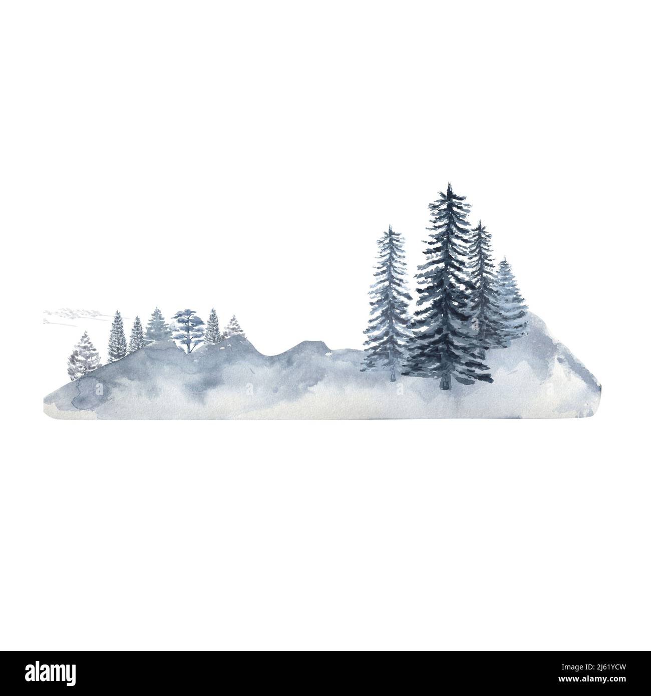 Inverno foresta e montagne, acquerello clipart su uno sfondo bianco. Illustrazione dell'acquerello. Foto Stock