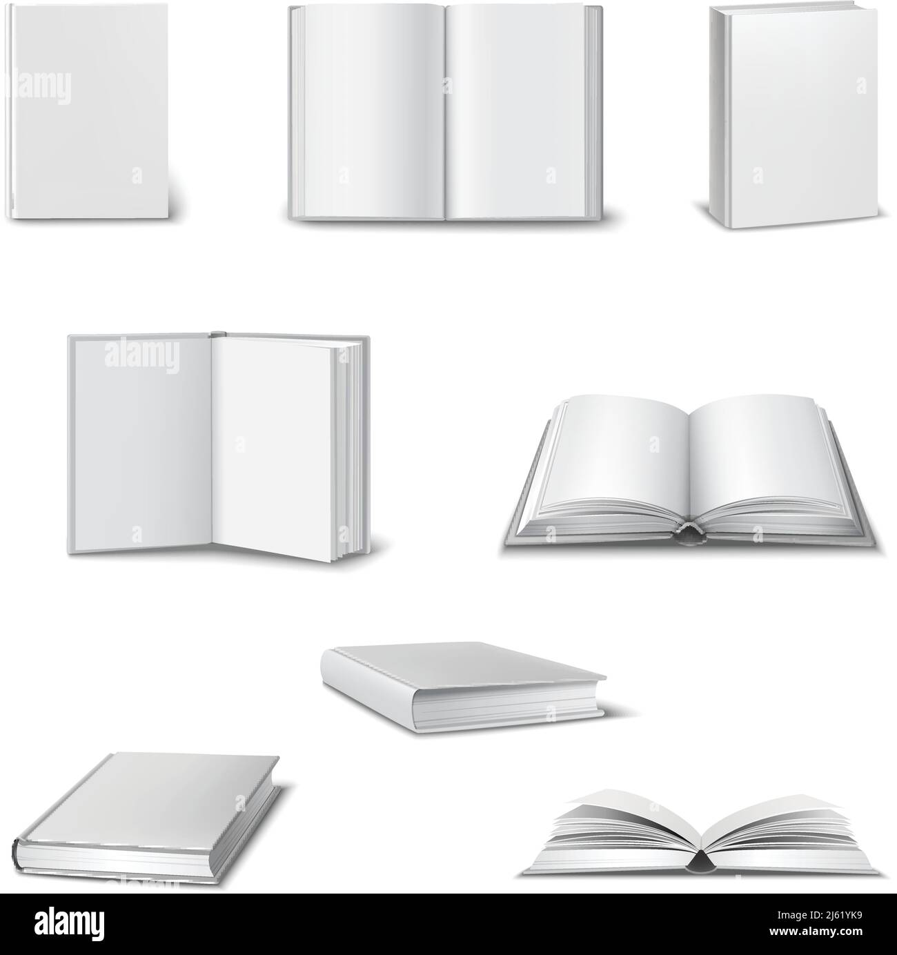 Set realistico di libri aperti e chiusi in 3d con spazio vuoto illustrazione vettoriale isolata con coperchio bianco Illustrazione Vettoriale