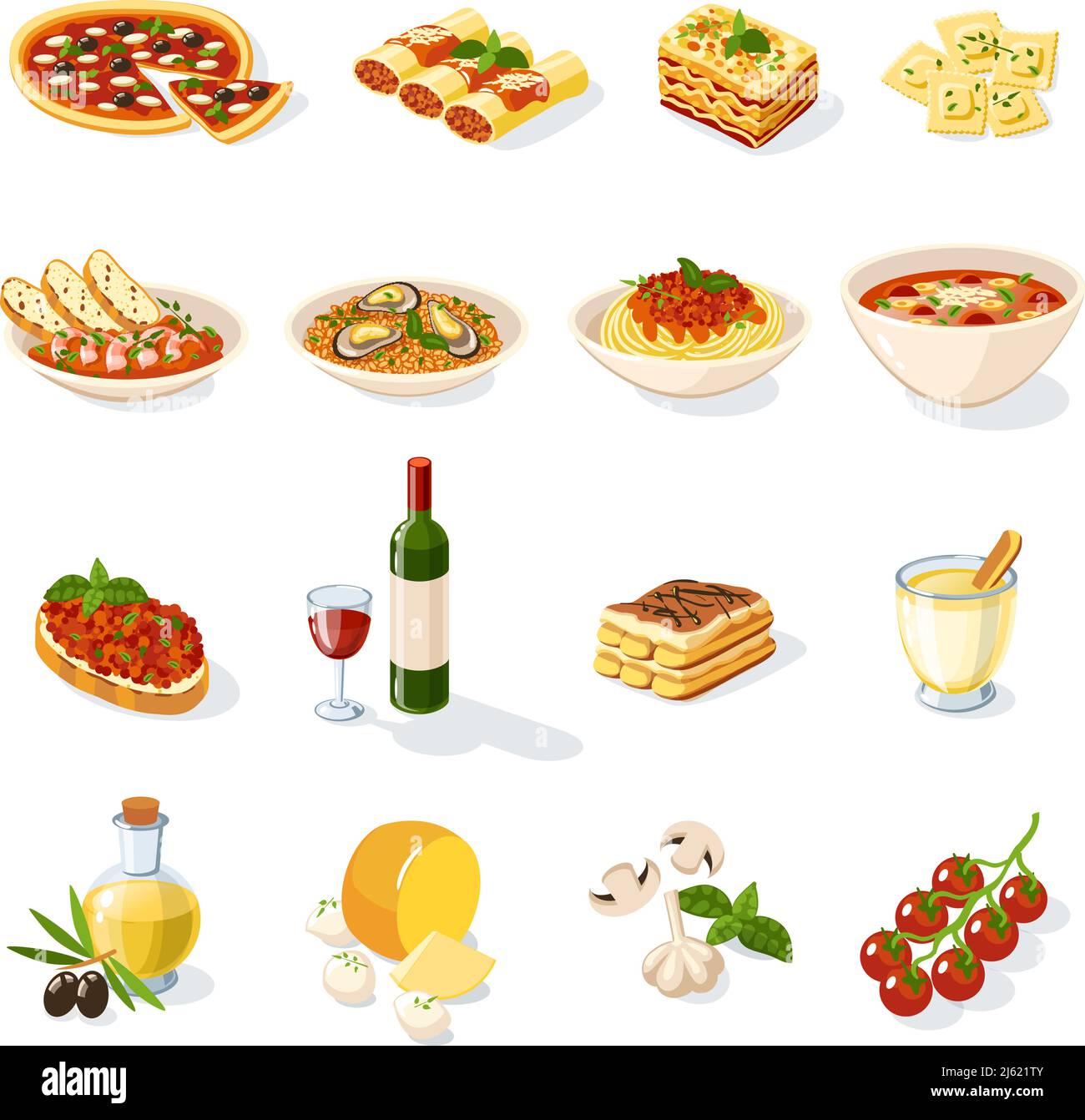 Set di cibo italiano con pizza pasta formaggio pomodoro vettore isolato illustrazione Illustrazione Vettoriale