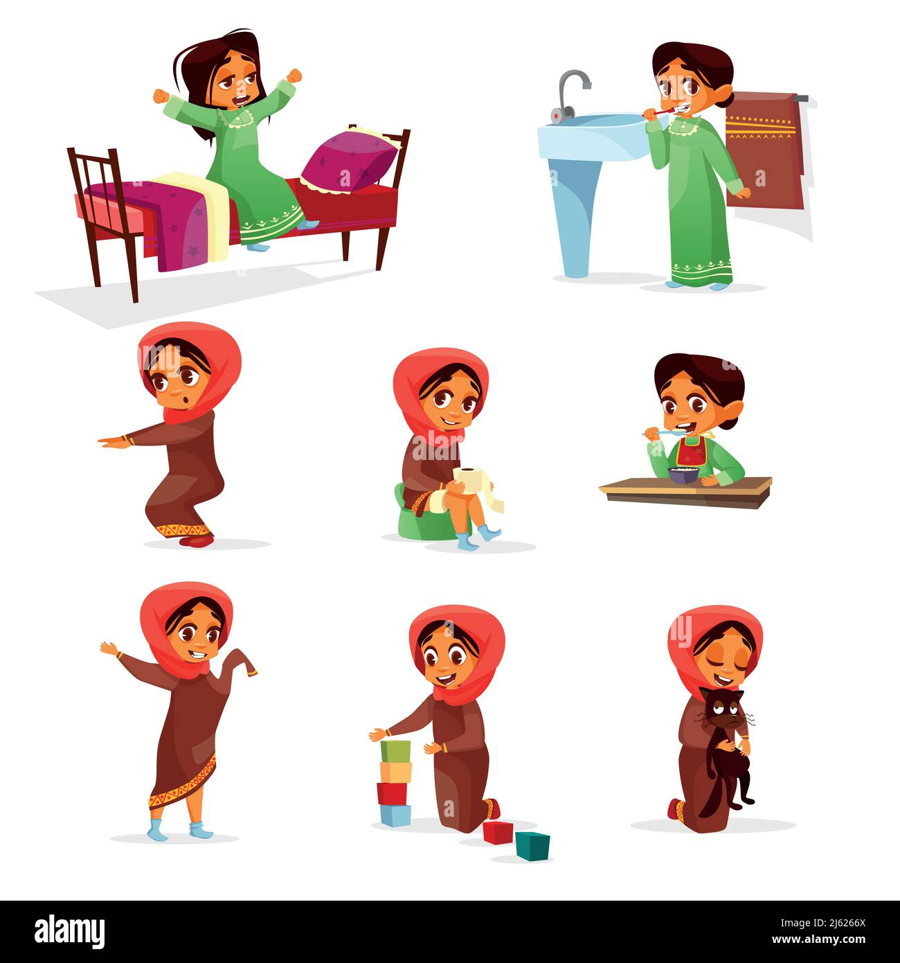 Vettore cartoon arab girl mattina routine attività set. Femmina musulmani khaliji personaggi hijab svegliarsi stretch, spazzolando denti facendo squat, servizi igienici hygi Illustrazione Vettoriale