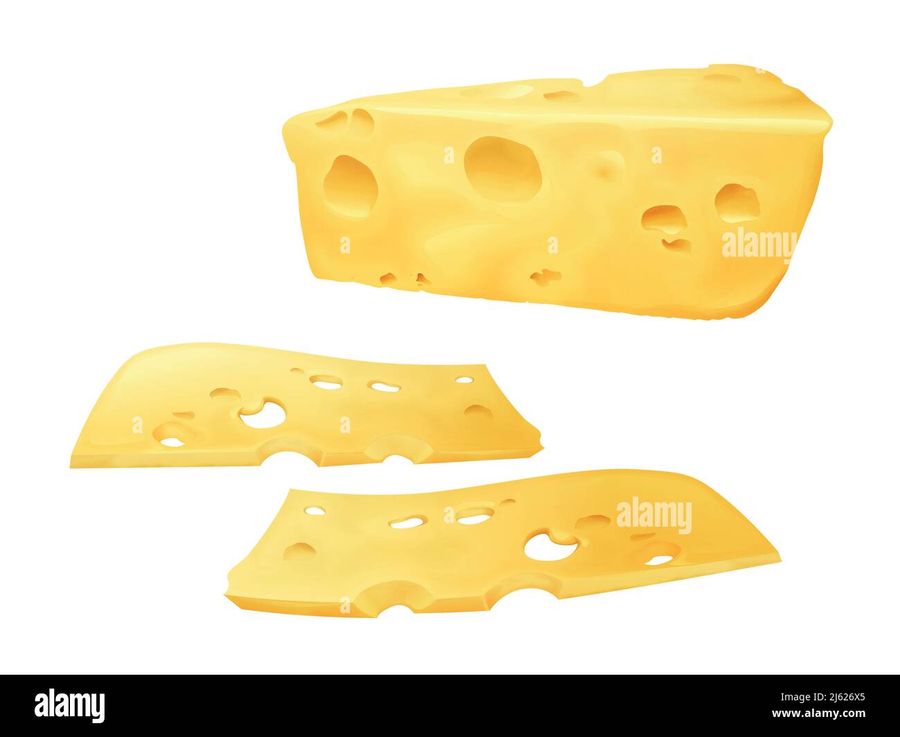 Fette di formaggio illustrazione vettoriale 3D di Emmental o Cheddar e Edam affettato con buchi. Modello di progetto realistico isolato su sfondo bianco Illustrazione Vettoriale