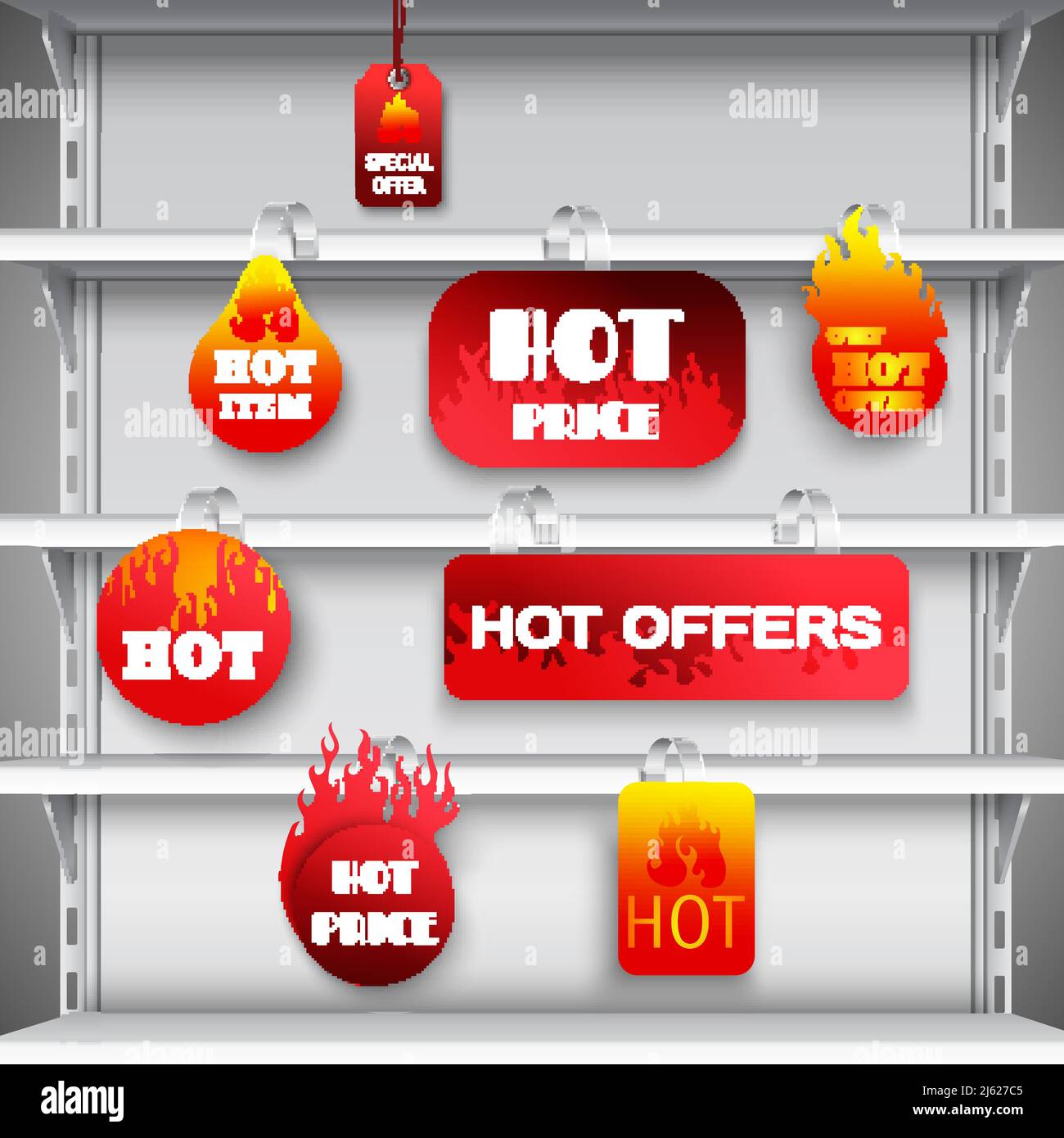 Sconto di liquidazione di vendita a caldo prezzi scottatori rossi su reparto vuoto memorizzare rack display pubblicità immagine vettoriale realistica Illustrazione Vettoriale