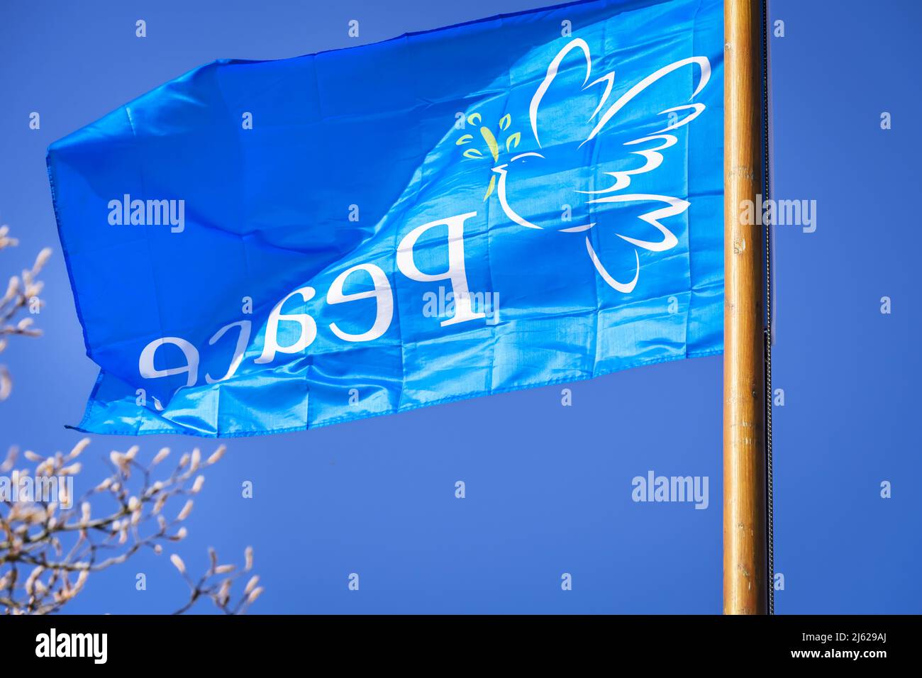 Bandiera della pace contro la guerra Ucraina ad Amburgo, Germania Foto Stock