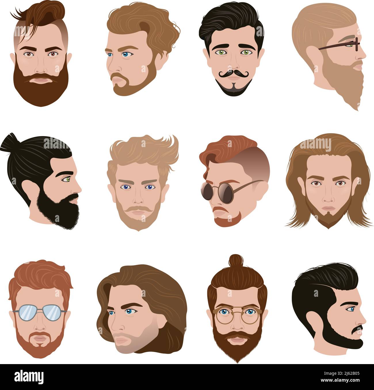 Collezione di acconciature uomo con baffi da barba bicchieri di diversi colori illustrazione vettoriale isolata Illustrazione Vettoriale