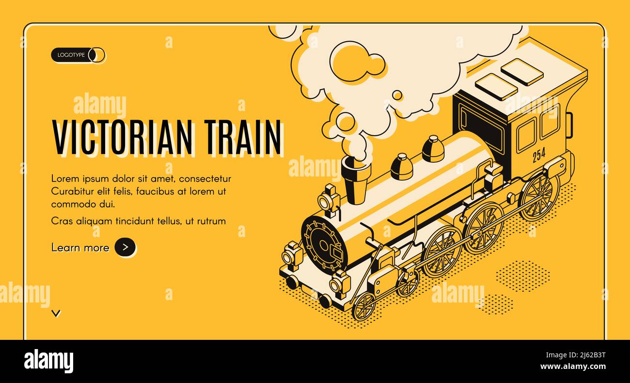 Trasporti ferroviari storia museo vettore isometrico banner web. Locomotiva a vapore di epoca vittoriana che eruttava vapore e fumatrice illustrazione d'arte. Ma retrò Illustrazione Vettoriale