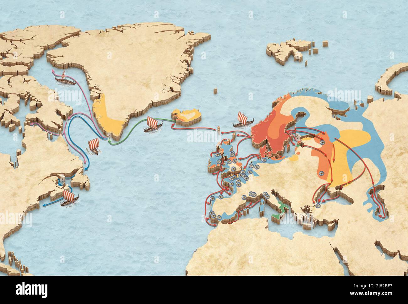 Mappa dei viaggi vichinghi e delle invasioni Foto Stock