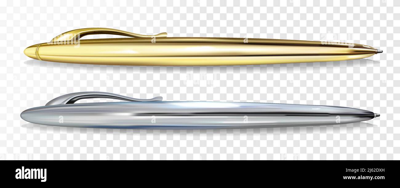 Penna a sfera illustrazione vettoriale di 3D realistico oro e argento modelli mockup con regolacapelli per penne di scrittura premium cancelleria e. progettazione di branding Illustrazione Vettoriale